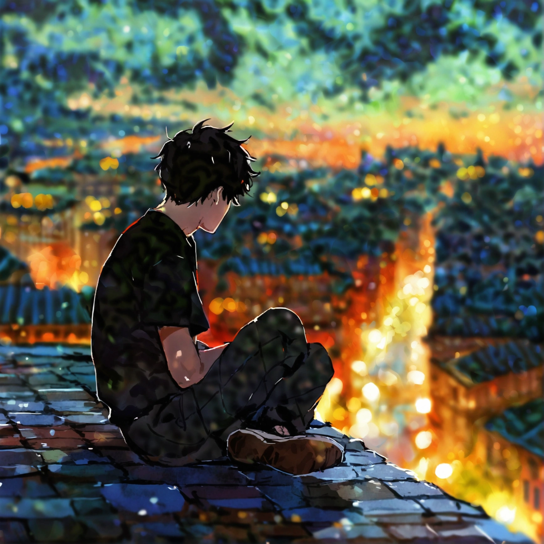 A guy sitting on the rooftop in the evening whit black shirt