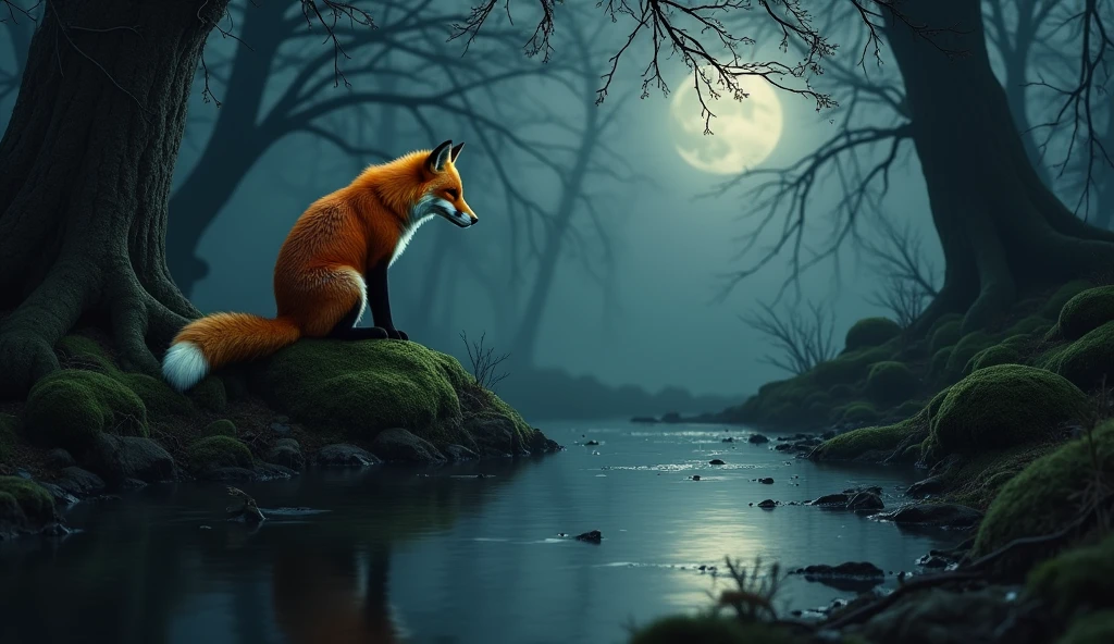 ALONE FOX REFLECTING ON LIFE DARK PLACE