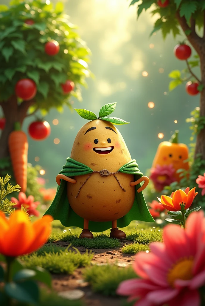 create an image of Beto, the Hero Potato lives in an enchanted garden, where he and his friends — Tomato Tree (Tomato), Brave Carrot (carrot), and Powerful Pepper (Bell Pepper) — face various adventures to protect the garden