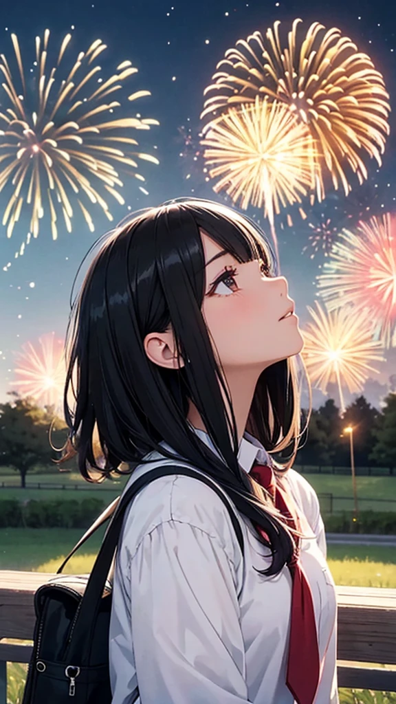 High school girl looking up at fireworks　Black Hair　countryside　One person, anime