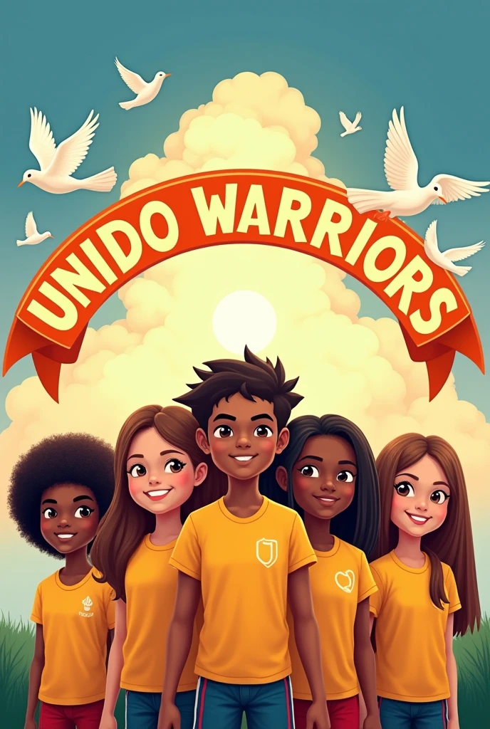 Make a banner for team emphasizing values education subject and faith to god our team called UNIDO WARRIORS with 7 students in it 3 boys 4 girls