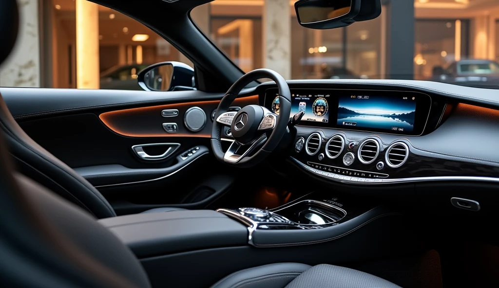 The luxurious steering wheel of the 2025 Mercedes-Maybach SL Mythos Series, showcased in an opulent showroom. The steering wheel is crafted from the finest black leather, featuring intricate stitching and polished chrome accents that exude elegance. The advanced controls are seamlessly integrated into the design, offering both functionality and luxury. The interior is adorned with high-end materials and ambient lighting, enhancing the overall sophisticated atmosphere. The luxury showroom, with its polished marble floors, expansive glass walls, and exquisite decor, creates the perfect setting to highlight the grandeur of this exceptional vehicle. The black color scheme adds a touch of refinement and exclusivity to the Mercedes-Maybach SL Mythos Series' interior.