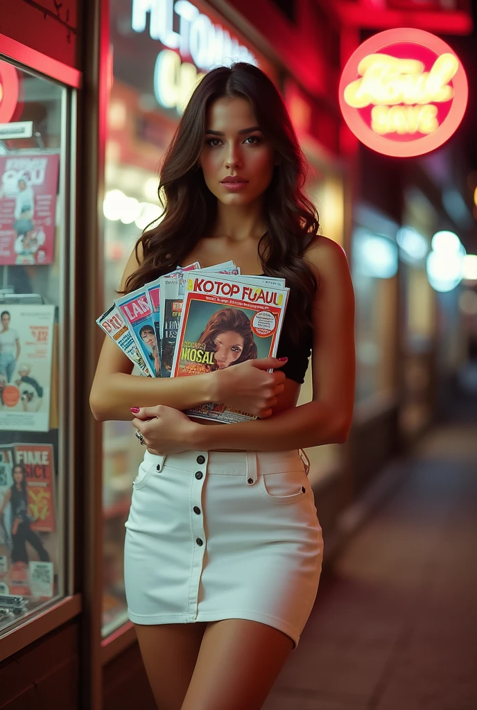 Melissa Sue Anderson, standing in front of a magazine stand, sexy pose, white miniskirt, black top, hugging some magazines, chestnut, full body, hot.