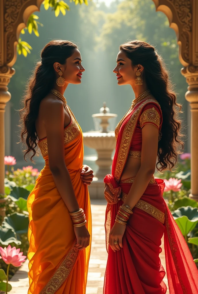 (photorealism:1.2), 2 beautiful 20 year old Indian princesses taking to each other, by Greg Rutkowski, by Alphonse Mucha