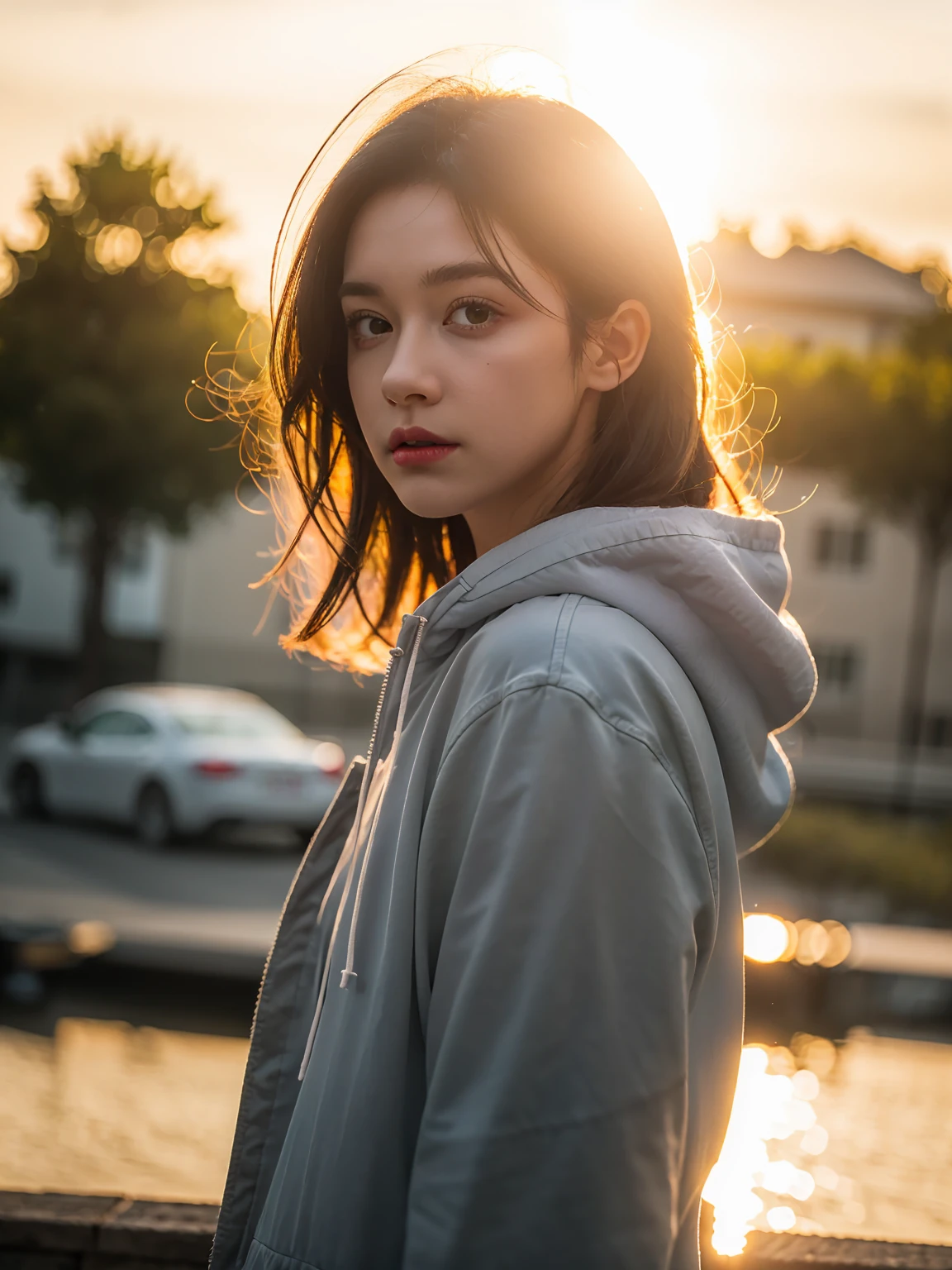 ultra realistic 8k cg, picture-perfect face, flawless, clean, masterpiece, professional artwork, famous artwork, perfect face, beautiful face, beautiful eyes,(contre-jour:1.4),(ray tracing:1.2),(backlight:1.15),solo,1girl,outdoors,cloud,sky,short hair,sunset,sun,blurry,,long sleeves,holding,upper body,horizon,hood,wind,depth of field,floating hair,blurry background,sunrise,hood down,