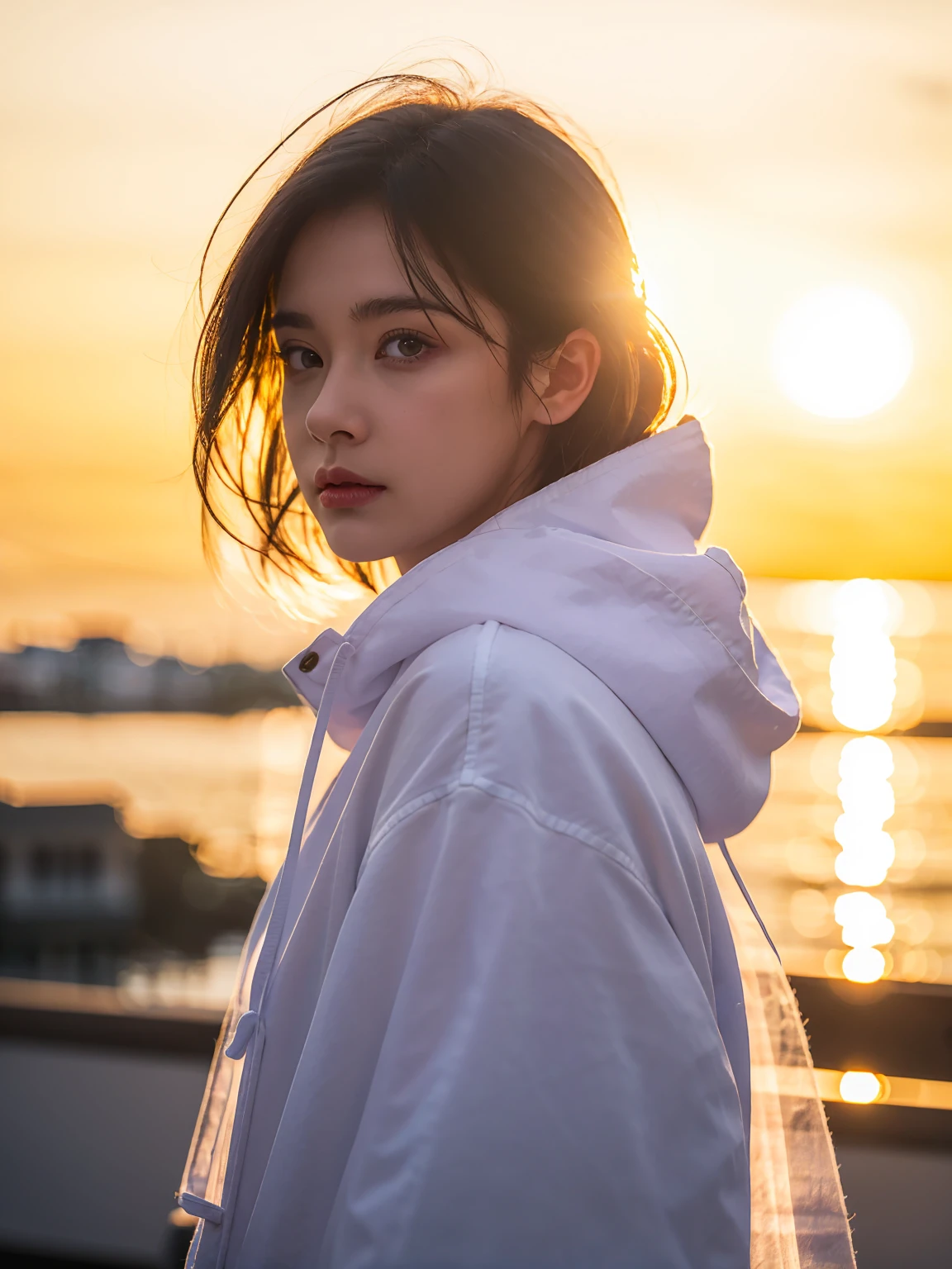 ultra realistic 8k cg, picture-perfect face, flawless, clean, masterpiece, professional artwork, famous artwork, perfect face, beautiful face, beautiful eyes,(contre-jour:1.4),(ray tracing:1.2),(backlight:1.15),solo,1girl,outdoors,cloud,sky,short hair,sunset,sun,blurry,,long sleeves,holding,upper body,horizon,hood,wind,depth of field,floating hair,blurry background,sunrise,hood down,