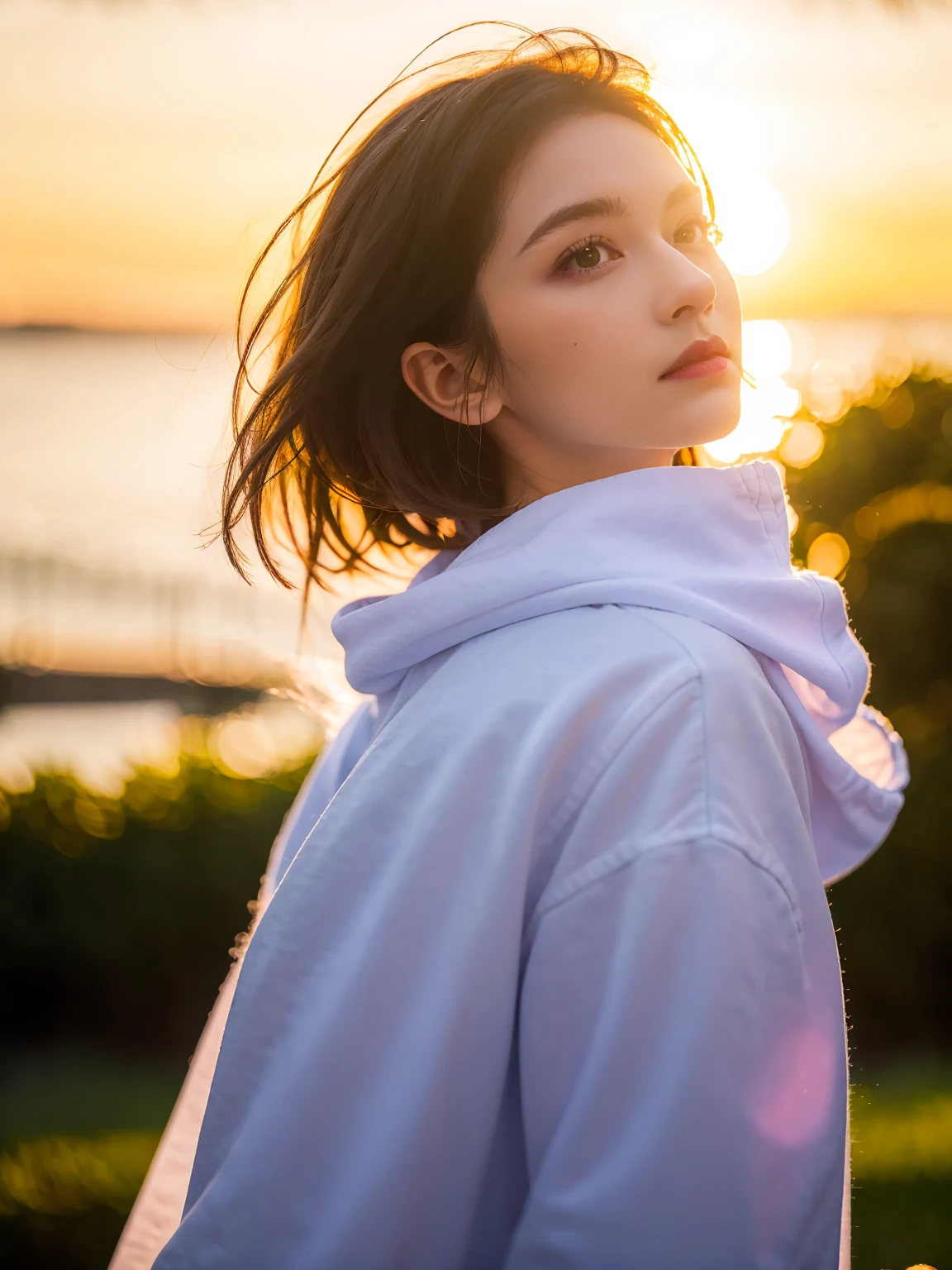ultra realistic 8k cg, picture-perfect face, flawless, clean, masterpiece, professional artwork, famous artwork, perfect face, beautiful face, beautiful eyes,(contre-jour:1.4),(ray tracing:1.2),(backlight:1.15),solo,1girl,outdoors,cloud,sky,short hair,sunset,sun,blurry,,long sleeves,holding,upper body,horizon,hood,wind,depth of field,floating hair,blurry background,sunrise,hood down,
