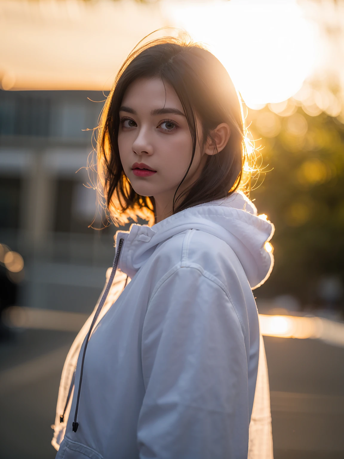 ultra realistic 8k cg, picture-perfect face, flawless, clean, masterpiece, professional artwork, famous artwork, perfect face, beautiful face, beautiful eyes,(contre-jour:1.4),(ray tracing:1.2),(backlight:1.15),solo,1girl,outdoors,cloud,sky,short hair,sunset,sun,blurry,,long sleeves,holding,upper body,horizon,hood,wind,depth of field,floating hair,blurry background,sunrise,hood down,