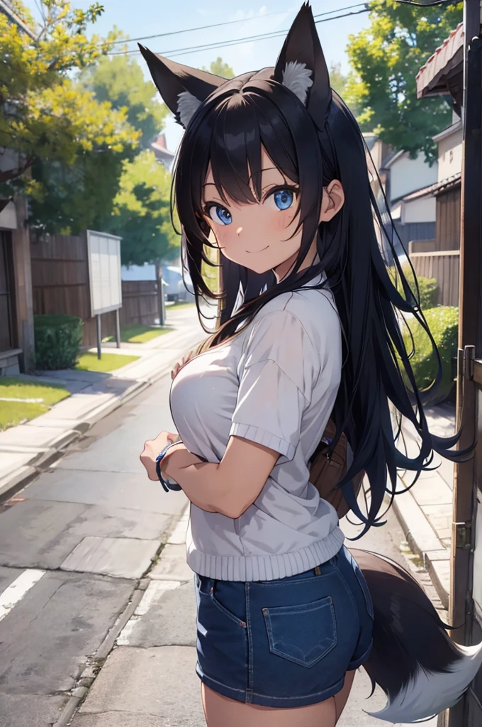 masterpiece, best quality, ultra detailed, insanely detailed, hyper detailed, woman,(a fox's tail has wagged its tail),smiling, walking, looking at viewer, brown eyes, jitome, detailed face, light brown skin, tall, slender, sweater, shorts, teenager, japanese, outside, on the street, with shooting stars, in the evening, with rain, cel anime, sharpen, blue, ahoge, semi long, blue eyes, green background, medium shot, intense wide shot, glad, with fox ears, mole, blond,
