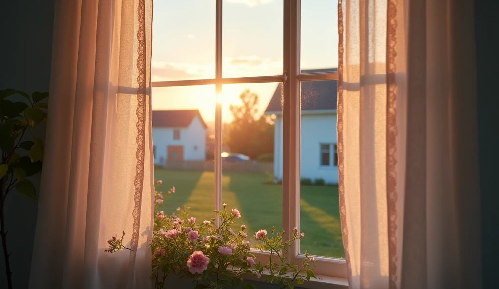 Close-up of the exterior of a curtained bedroom window。The setting is a quiet suburban residential area at dawn.。