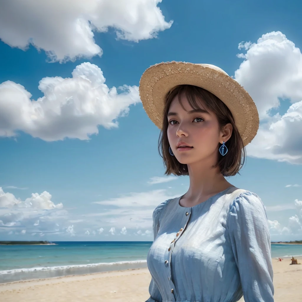 (Best Quality: 1.3, Masterpiece: 1.3), Ultra HD, (1girl, solo), atmospheric perspective, detailed face, upper body, makeup, pink lips, cleft lip, shiny skin, (brown hair), short hair, japanese, Looking at In front of the audience, brown eyes, earrings, small breasts, slim body, (white silk), (((((the Mustard linen long sleeved dresses, straw beach hat, handling vintage white umberlla))))) (((((blue sky, with cloudy, beautiful background))), perfect lighting, (frontal lighting), physically based rendering,