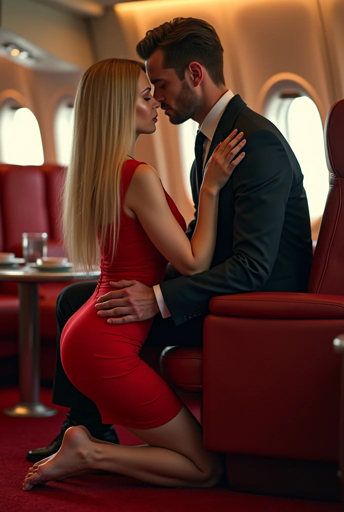 ultra realistic, photography, woman, long straight blonde hair, (wavy elegant hair, blue eyes, perfect round lips, 22 years old, gorgeous face, voluptuous figure, perfect fit body, big enhanced breasts), she is wearing a sexy red airline stewardess outfit, perfect round cleavage, great cleavage, on an airplane, the passenger is an elegant dressed handsome tall man with short brown hair, he is sitting in his comfy chair and leaning back with his eyes closed, the blonde woman is on her knees on the floor in front of him between his spread legs with her back to the camera while he is sitting in his chair, she is facing him, her head is resting in his loins, she has her hands on his thighs
