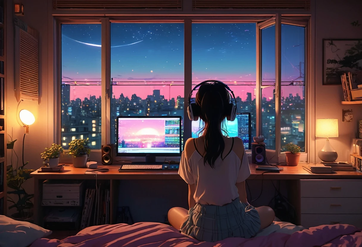 "Anime girl (back view) sitting in front of computer in cozy bedroom, listening to music on headphones in cozy room at night, enjoying beautiful night view from rooftop window, surrounded by many things, 2D anime style, 90s anime aesthetic, lo-fi, highly detailed, with hard disk, mix of anime style and Fujifilm, hyperrealism, 8K, masterpiece."
