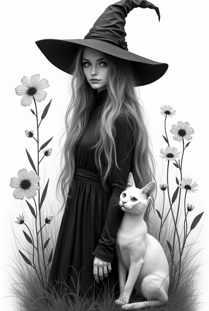 masterpiece, superlative, Beautiful young witch, female , only, Halloween lindo , flower line drawing background, White background, monochrome, line drawing, ((Sketch)), creepy, Gato blanco con white eyes, white eyes