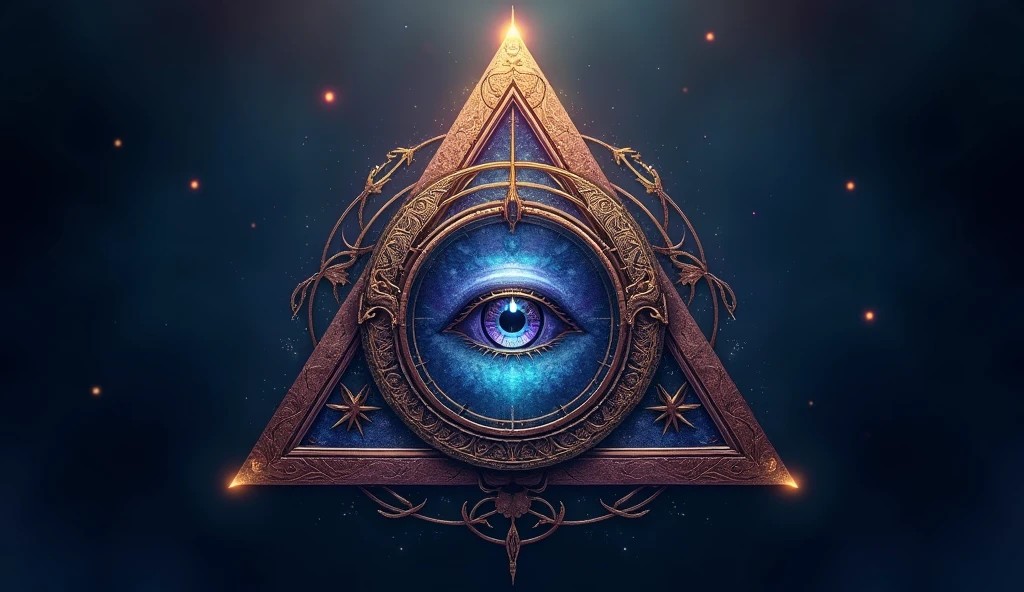 a band symbol, triangle, one side representing strength, one courage, one wisdom, eye in middle, eye stylized as taijitu symbol