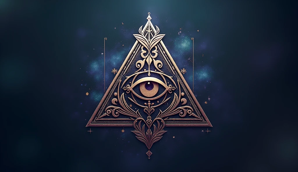 a band symbol, triangle, one side representing strength, one courage, one wisdom, eye in middle, eye stylized as taijitu symbol
