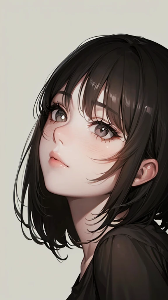 1girl, solo, monochrome, greyscale, short black hair, portrait, white T-shirt, closed mouth, looking at viewer, sketch, graphite \(medium\), detailed lips, hatching \(texture\), without makeup, bangs, upper body, (best illustration), (best quality), (very detailed), (masterpiece), expressionless,