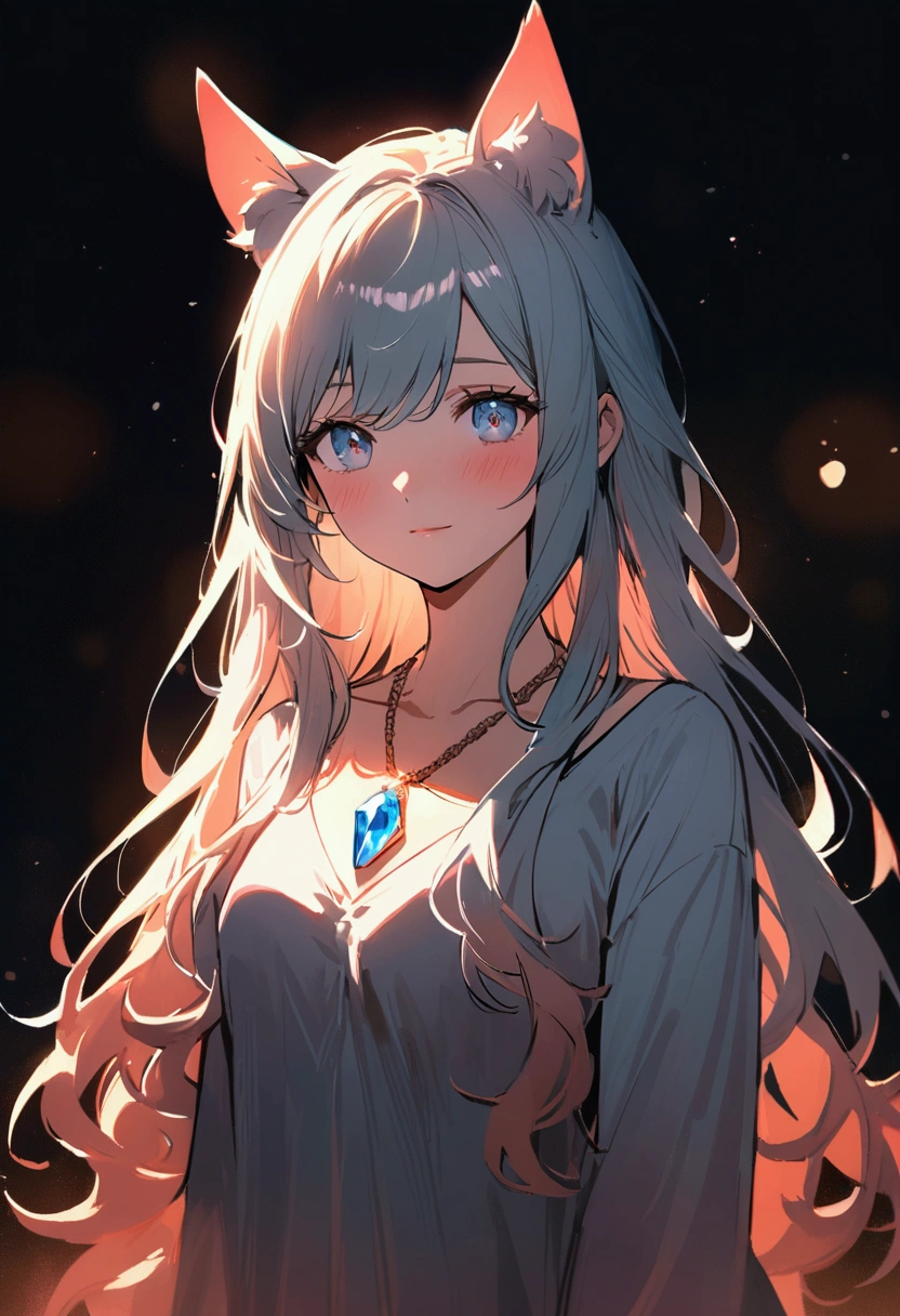 woman, Calm expression, Captivating eyes, Wavy long hair, Blue-gray hair, Black cat ears, Kemomimi, loose fitting dress, Calm posture, Porcelain-like skin, A faint blush, Crystal Pendant BREAK Golden Hour, (Rim Light):1.2, Warm tones, Solar flare, Soft Shadows, Vibrant colors, Painterly effect, Very detailed, Official Art, 8k wallpaper
,Sorry for being cute, I&#39;m happy