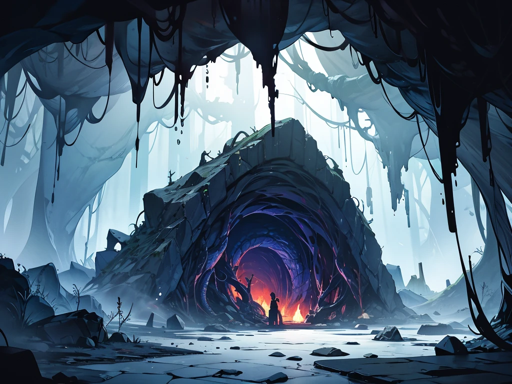A cave filled with tentacles、dim、Scary atmosphere、tunnel、Background illustration