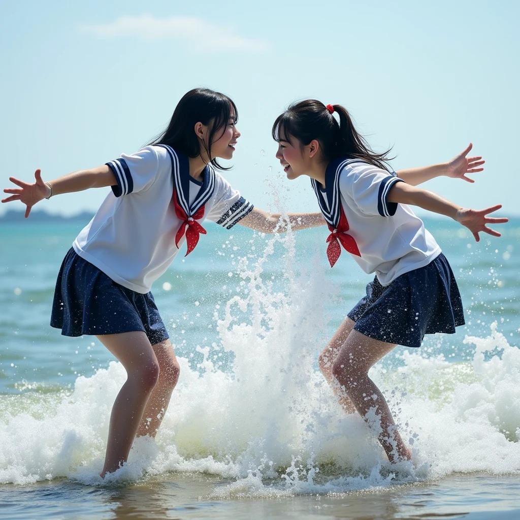 Two Japanese high school girls in their uniforms splashing water at each other on the shoreline, capturing a moment of youthful exuberance in a scene reminiscent of a coming-of-age film.