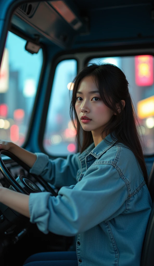 photo-realistic, ultra-realistic, very beautiful Japanese university student girl, famous Japanese idol, 25 years old, driving a large truck, dramatic scene, masterpiece, (face focus:1.3), beautiful eyes,