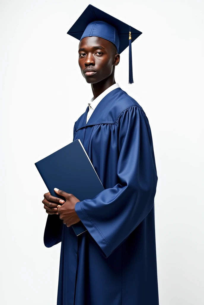 best qualityer:1.4), (ultra high resolution:1.2), (photorrealistic:1.4), (8k, CRU photo:1.2), a thin young man of 20 years old, skin black, with a smooth, beardless face, corte de cabelo buzzcurt. He is wearing a blue graduation gown.. He's wearing a blue cap. He has a navy blue diploma in his hand. He is on a white background and has a seductive face for the camera.