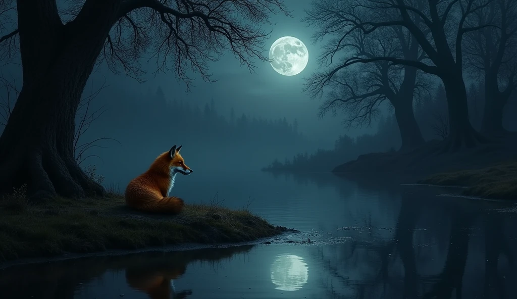 ALONE FOX REFLECTING ON LIFE DARK PLACE with water