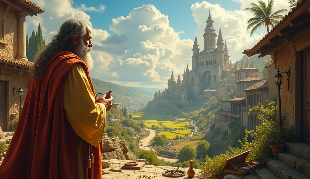 Create an image that symbolizes financial planning with a biblical twist. With a detailed strategic plan, while Solomon, in a vibrant market scenario, observe carefully. Ao fundo, divide the scene into two parts: one shows prosperity and growth, with green fields and robust buildings, representing the result of diligent planning; the other shows a barren and deteriorated landscape, representing the consequences of haste and lack of planning. Add elements like an antique compass and calculating tools to reinforce the importance of strategic and careful guidance..