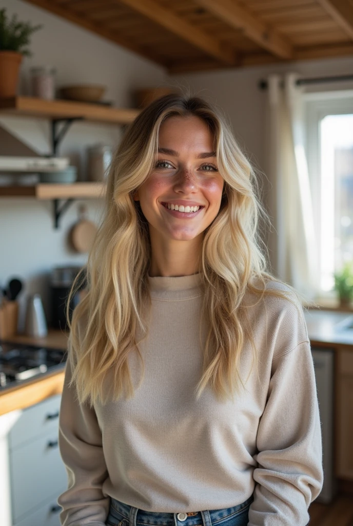 create an influencer,blonde hair,Scandinavian,light eyes,light brown skin,spotty,girl next door,Natural photo, spontaneous photo,55 mm linse, Permissive,at home, Background also sharp,smiling, further away from the camera, in the kitchen, Permissive ,natural posture
