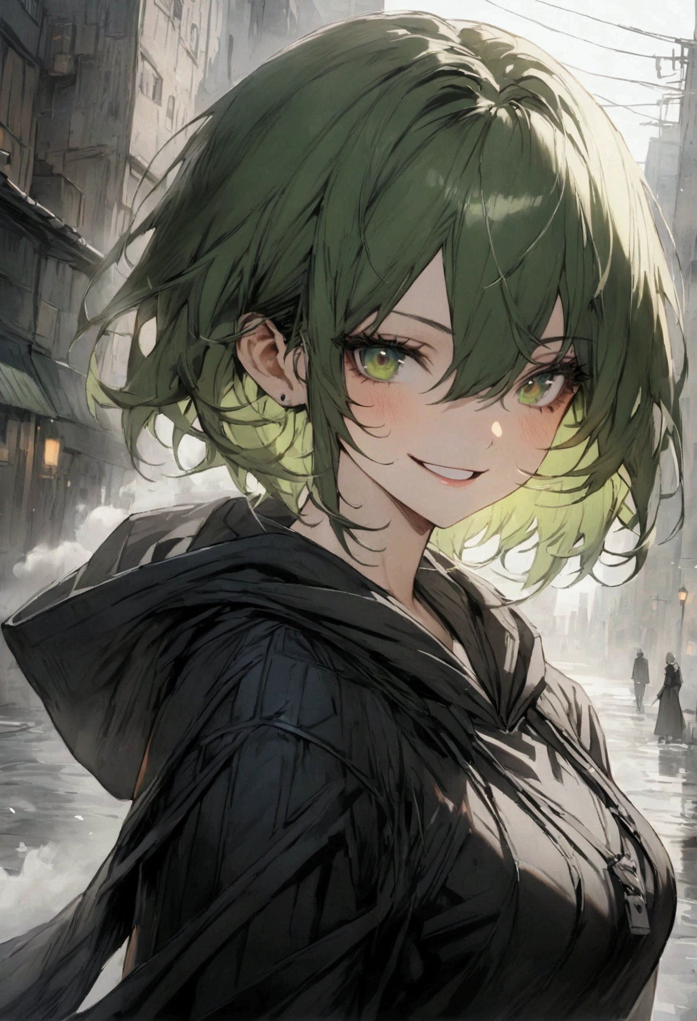fog green green eyes girl korean short hair best quality green eyes black green short hair villain villain smile city fog green black clothes black bridge hoodie slim