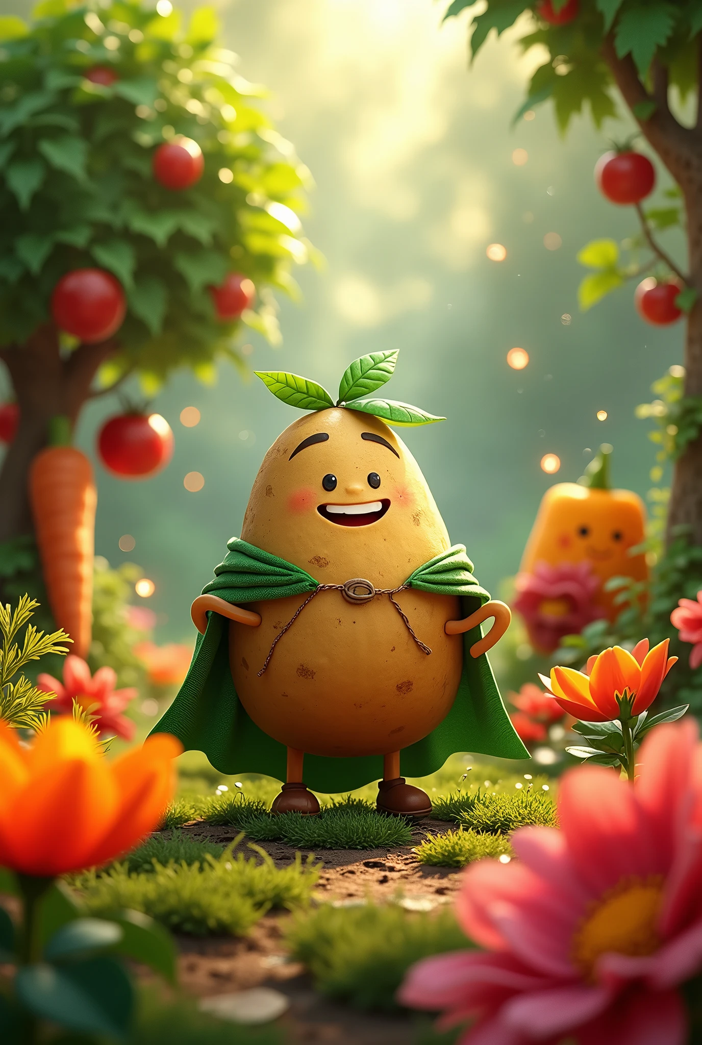 create an image of Beto, the Hero Potato lives in an enchanted garden, where he and his friends — Tomato Tree (Tomato), Brave Carrot (carrot), and Powerful Pepper (Bell Pepper) — face various adventures to protect the garden