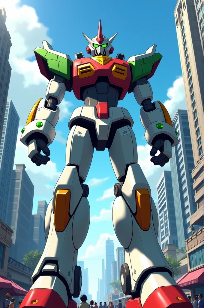 I want you to create a robot, of struggle, elite, A fusion between Gamma from Sonic sdventure and RT-55J from Megaman X, big, powerful, in white, red, green and gold colors, at daytime, in a city.