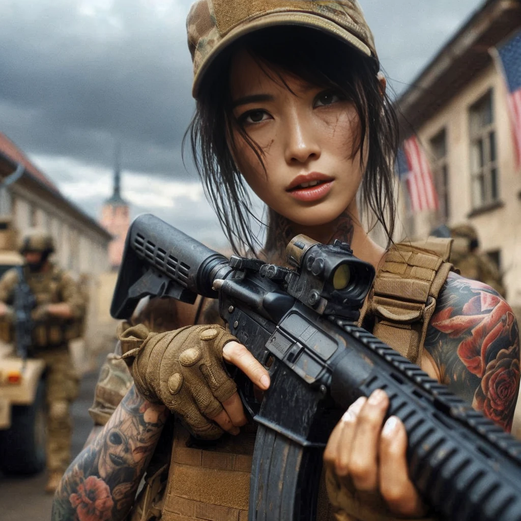 8k,Realistic Photo、Realistic Skin Texture、Superrealism、Japanese women in the U.S. military、Tattoo、cap、tactical pants、Short sleeve shirt、Beauty、American cityscape、Old building、Automatic rifle、Heavy equipment、Covered in scars、It is dirty、muscle、The background is out of focus、While avoiding gunfire aimed at the vehicle、Desperate look、Dramatic composition、action、Fierce Battle、Hold on、Ace