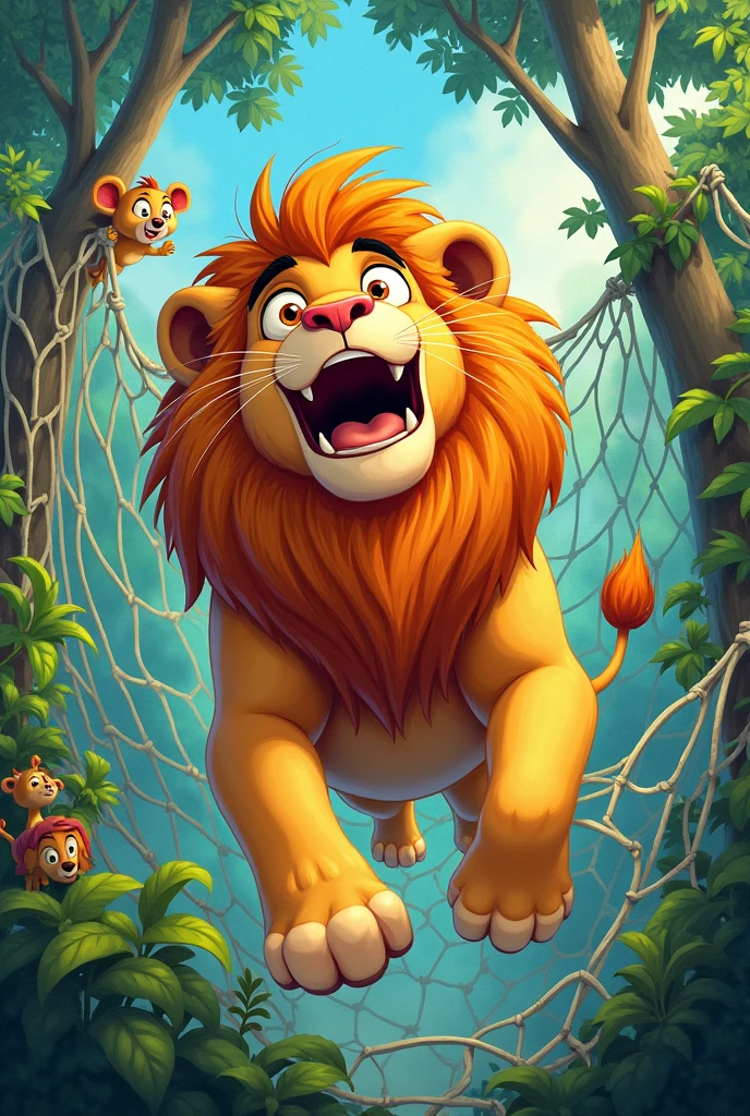 A lion falling into a net plot and with a surprised and scared face and in an animated style and with a 2D drawing with the lion looking to the left