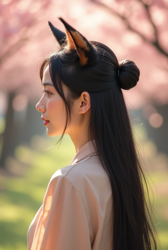 A graceful 50-year old Japanese woman who is wearIng a beige blouse with her long hair tied into single bun at back of her head. She has cat's ears. The cat ears are proportionate and blend naturally with her hair. Make it a realistic image but not photo like. Front side of the cat ears are all pink without white fluffy fur. The back of the ears should be calico pattern which has patches of white, black, and orange colors. The cat ears should be much smaller amd rounder.