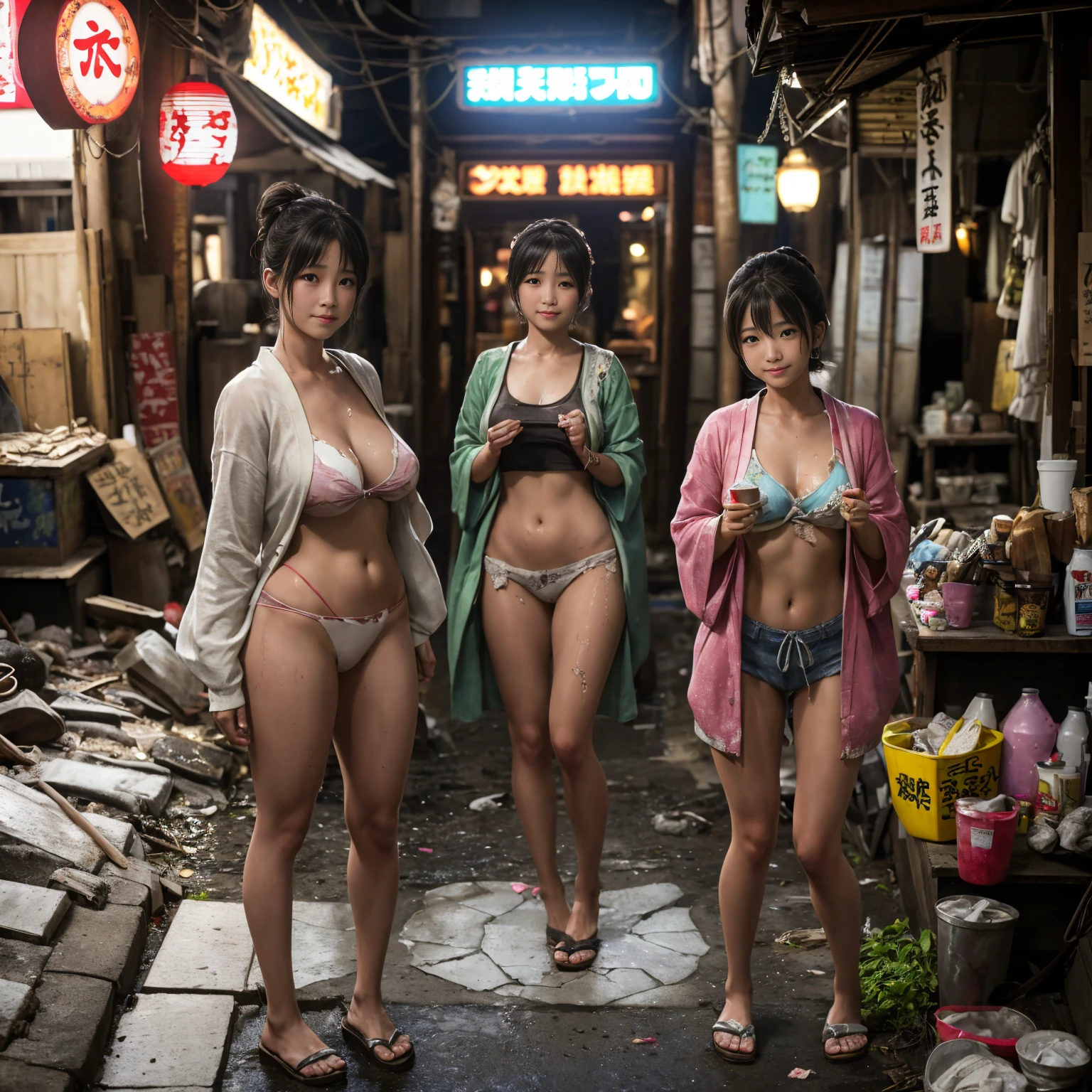 ((masterpiece、Highest quality))、Beautiful girls gather.、Three girls in summer clothes、(Showa Retro:1.2)、(Detailed and cute face:1.3)、(Poor conditions、Japan's poor neighborhoods、Dim and unsanitary、Standing Bar、みんなで楽しくdiet、Crumbling underground shopping mall)、屋台のdiet店、stage、sewage、Dirty shop、street vendors、Unsanitary and abandoned city、smile、diet、Poor person々