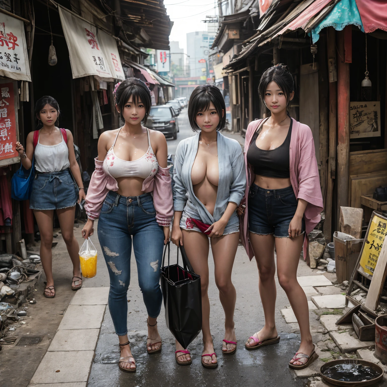 ((masterpiece、Highest quality))、Beautiful girls gather.、Three girls in summer clothes、(Showa Retro:1.2)、(Detailed and cute face:1.3)、(Poor conditions、Japan's poor neighborhoods、Dim and unsanitary、Standing Bar、みんなで楽しくdiet、Crumbling underground shopping mall)、屋台のdiet店、stage、sewage、Dirty shop、street vendors、Unsanitary and abandoned city、smile、diet、Poor person々