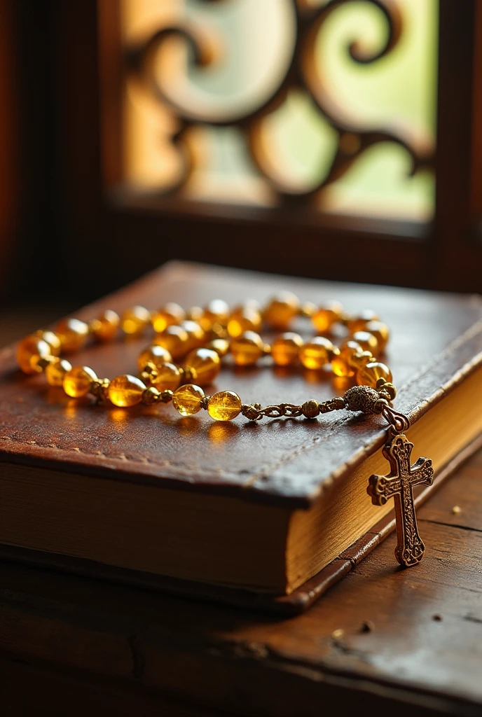 image of a bible with a rosary on top in yellowish tones