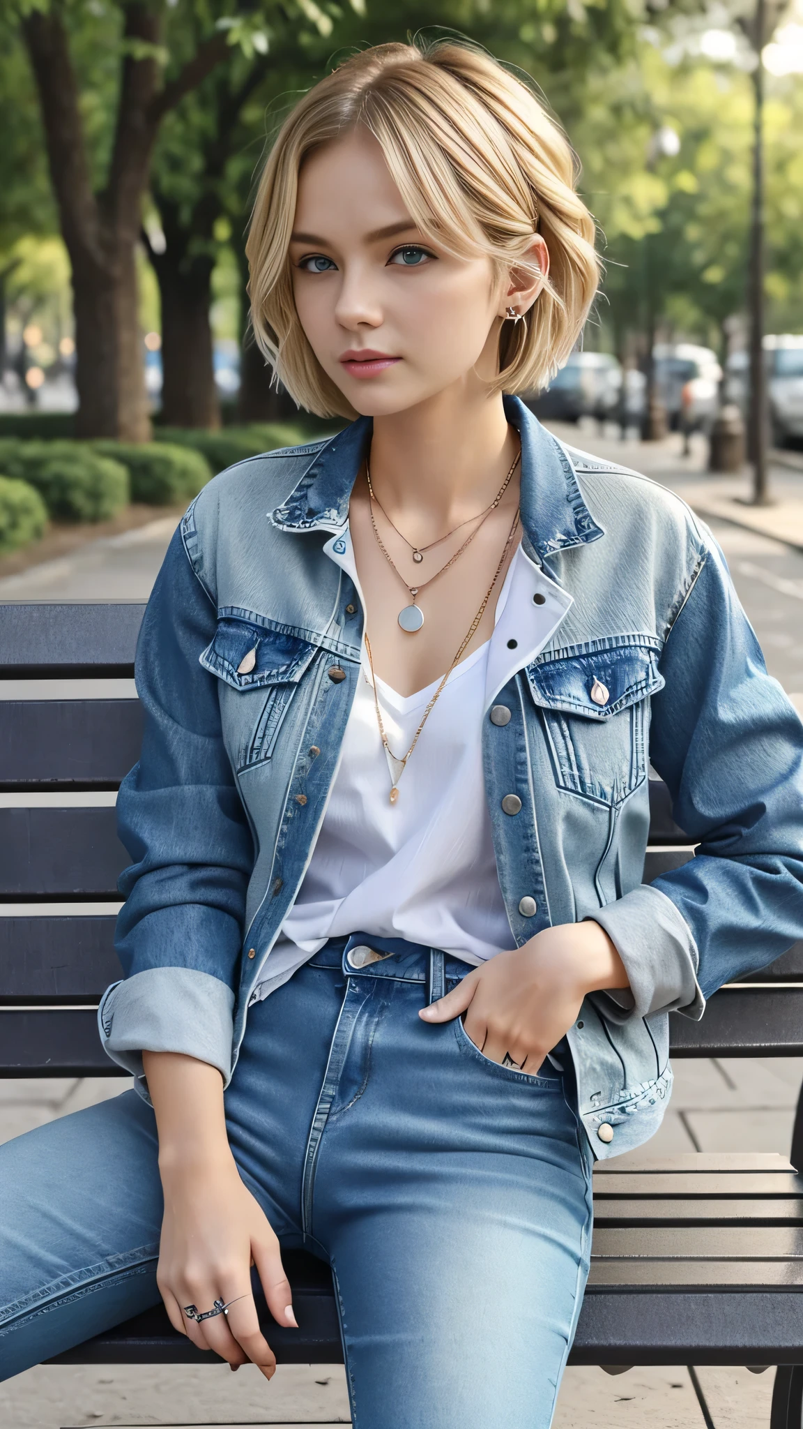 Super Resolution、Neat and clean Caucasian woman、Full body photo、sitting on a park bench、Blonde Hair、Short Haircut、Wavy Hair、Blue eyes、Short Haircut、Ear piercing、、necklace、Denim jacket、shirt、Skinny jeans、sneakers、