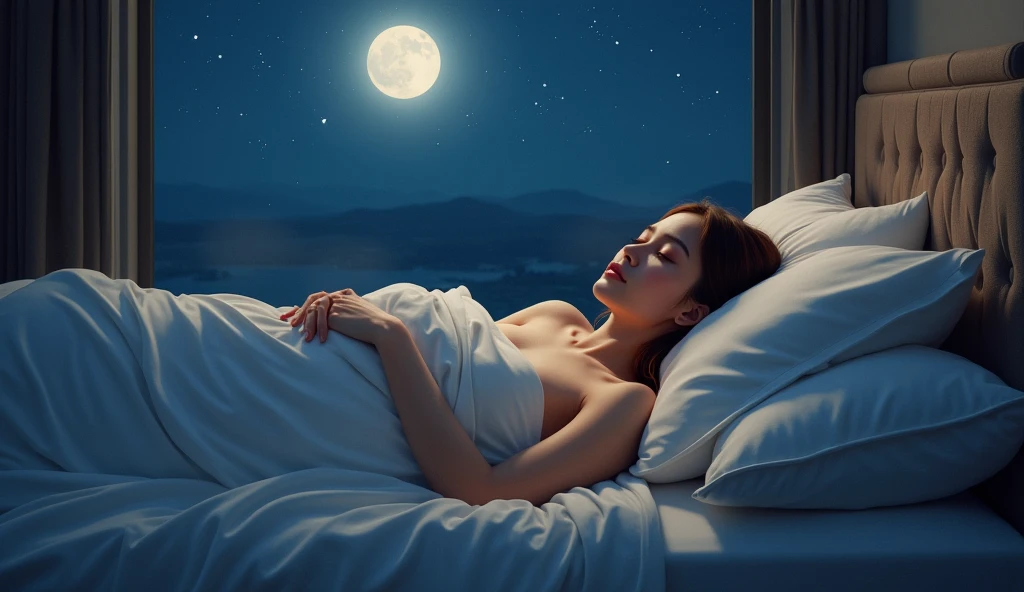 (Peaceful Dreams,夜のTranquility,Tranquility,peaceful sleep),(Highest quality,Very detailed,Realistic),(Painting),(Twinkle Star,Gentle moonlight),(Soft pillow,Comfortable bed,Dreamy atmosphere),(Tranquility,Luxurious sleep),(Peaceful and serene),(Subtle colors,Dark and warm tones),(Soft and diffuse lighting)