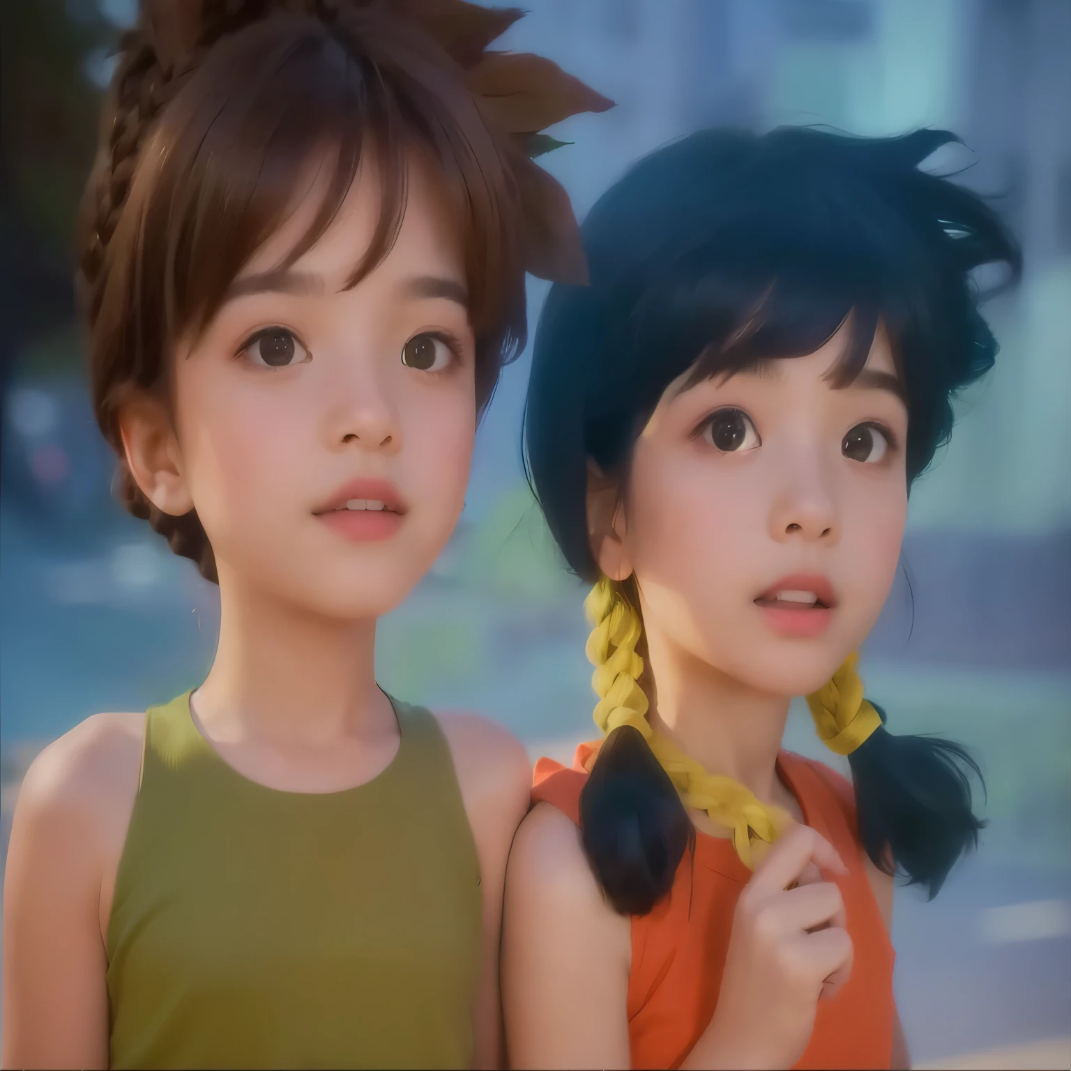 13 years boy dark brown hair sleeveless green shirt, 12 years girl dark hair two braides red dress