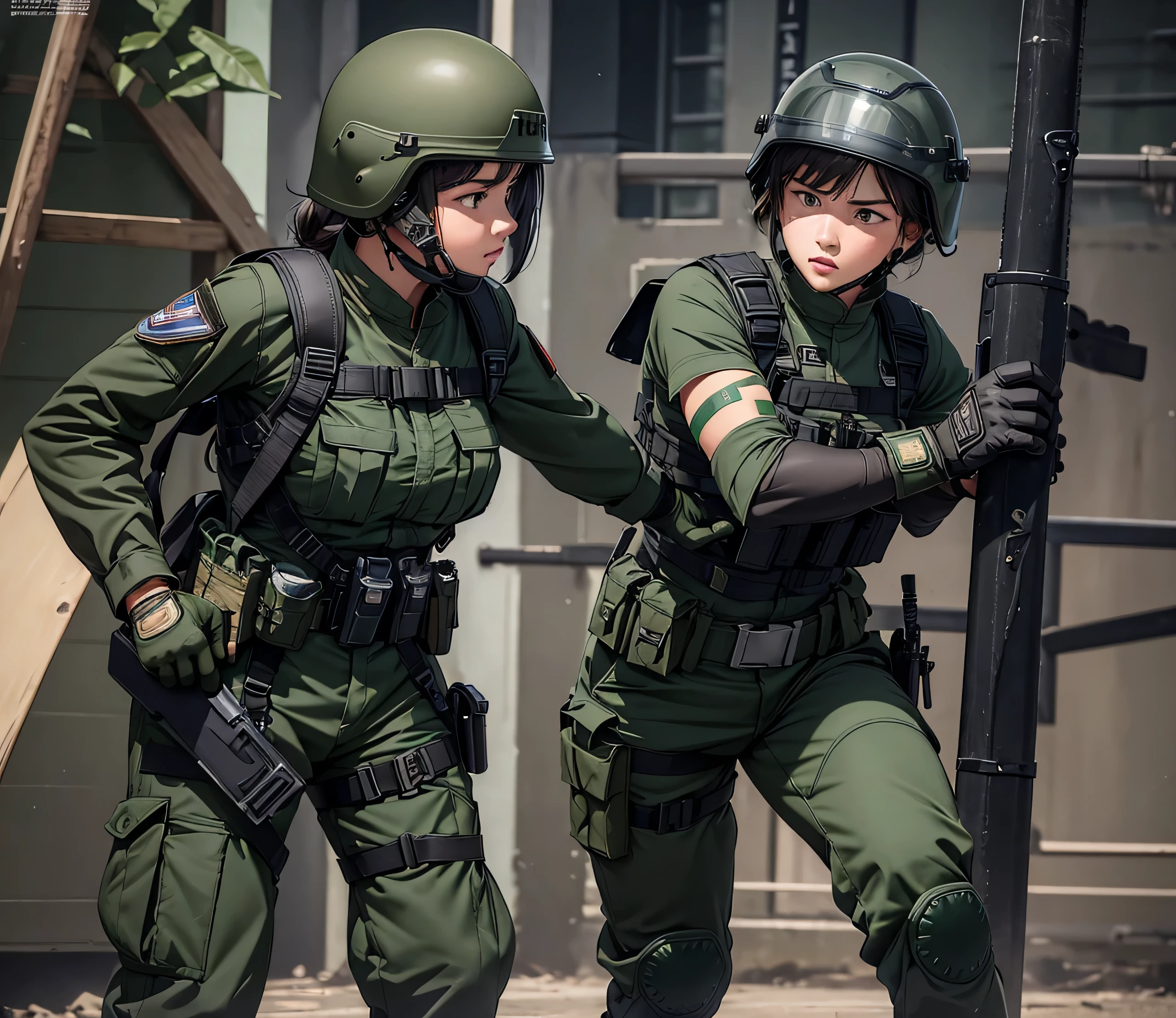 A group of female special forces soldiers wearing helmets,Boxing Stance,Unarmed Combat,Tactical gloves,Dark green M-51 military uniform、Military Pants、Magazine Pouch、Tactical harness、Knee pads,Write details、masterpiece、best quality、Highly detailed CG、8K picture quality、