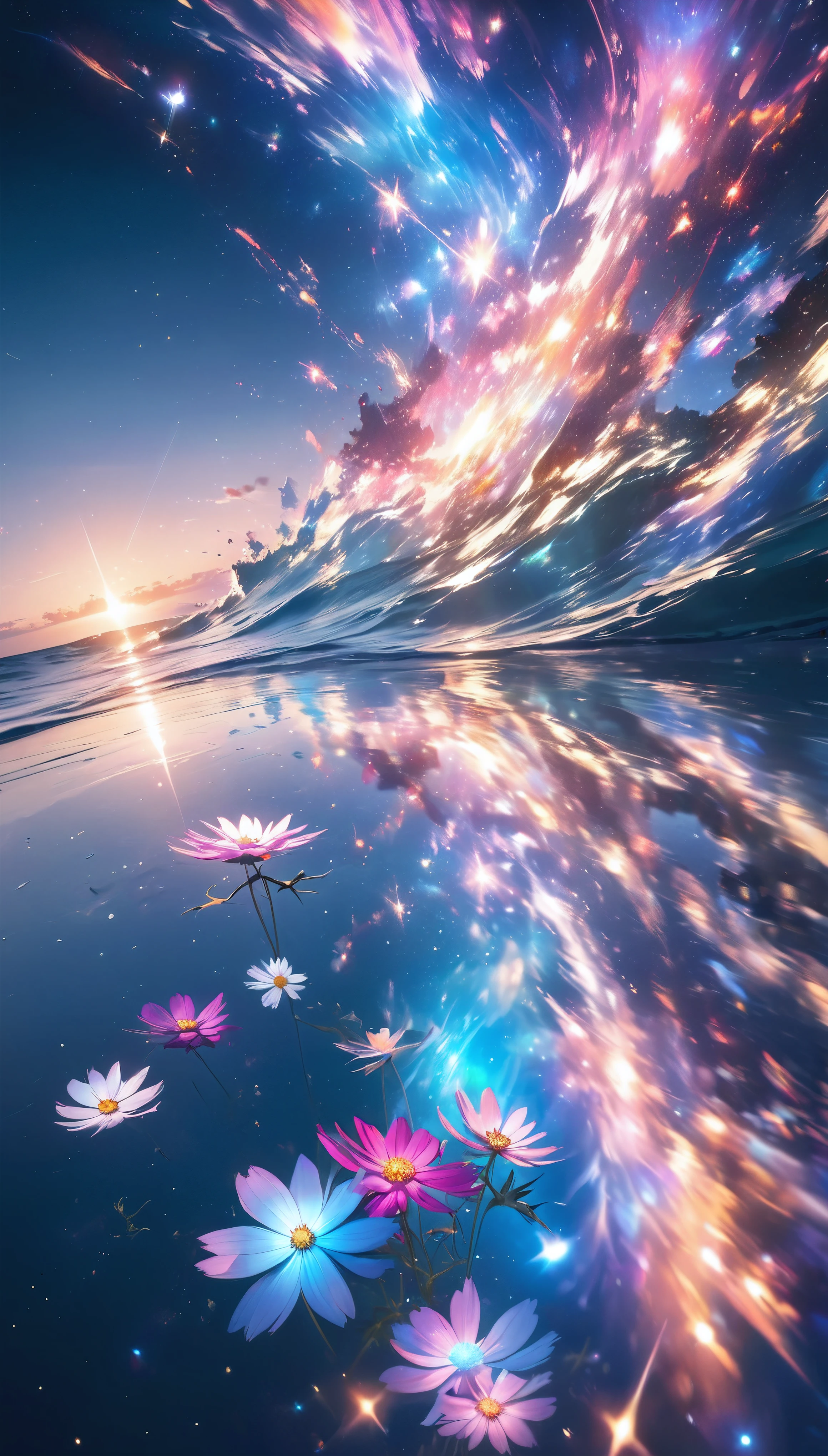 a beautiful tranquil ocean, shimmering stardust dissolving, seamless fusion of sea and cosmos, holographic mirrored reflections, transparent fantastical rainbow coatings, multiple exposure