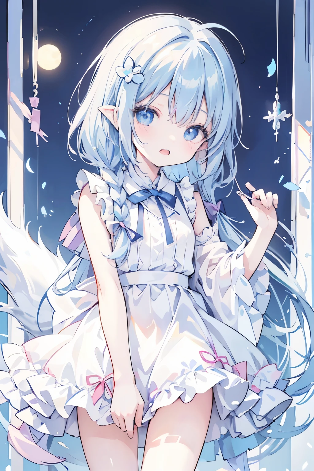 anime、pastel、Very young、child、6 years old、Very short、Open your mouth、Laugh out loud、Showing teeth、Double teeth、pastelホワイトの髪、Stray hair、Braided Short、Flower Hair Ornaments、fluffy ears、Dropped ears、Fluffy tail、azure blue eyes、Odd Eye、Cute eyes、Wide open eyes、Light in your eyes、Cheeky cheeks、Slender body、Light clothing、White dress、Big ribbon、Put your arm out、Thighs、Cute Girlfriend、happy、really like、Frolic innocently、(Little:0.6)、Going out together、hostel