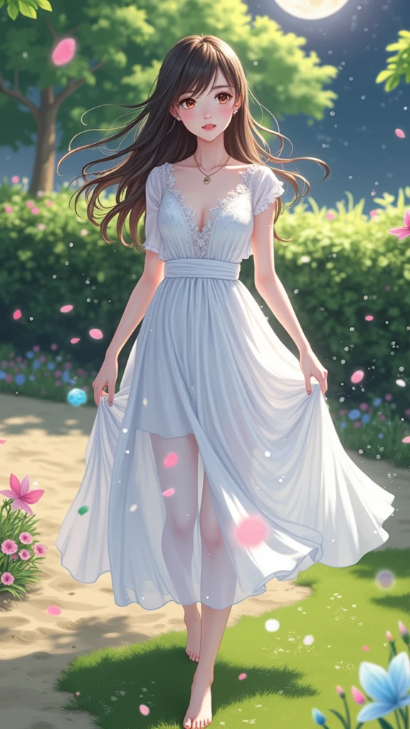 (masterpiece、Highest quality、8k、High resolution)、One female、(Beautiful Face、Beautiful Face)、Beautiful eyes、Beautiful lips、Beautiful nose、Brown-black hair、(The best girl in anime)、Sandy beach with a view of the forest、A bright night with stars visible、full moon、milky way、体whole bodyから神秘的な光の粒子、Colorful light particles、A mysterious light glowing around the head、melt、jewelry、necklace、dress、(whole body)、Highly detailed anime art、A complete portrayal、
