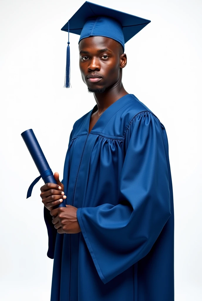 best qualityer:1.4), (ultra high resolution:1.2), (photorrealistic:1.4), (8k, CRU photo:1.2), a thin young man of 20 years old, skin black, with a smooth, beardless face, corte de cabelo buzzcurt. He is wearing a blue graduation gown.. He&#39;s wearing a blue cap. He has a navy blue diploma in his hand. He is on a white background and has a seductive face for the camera. 