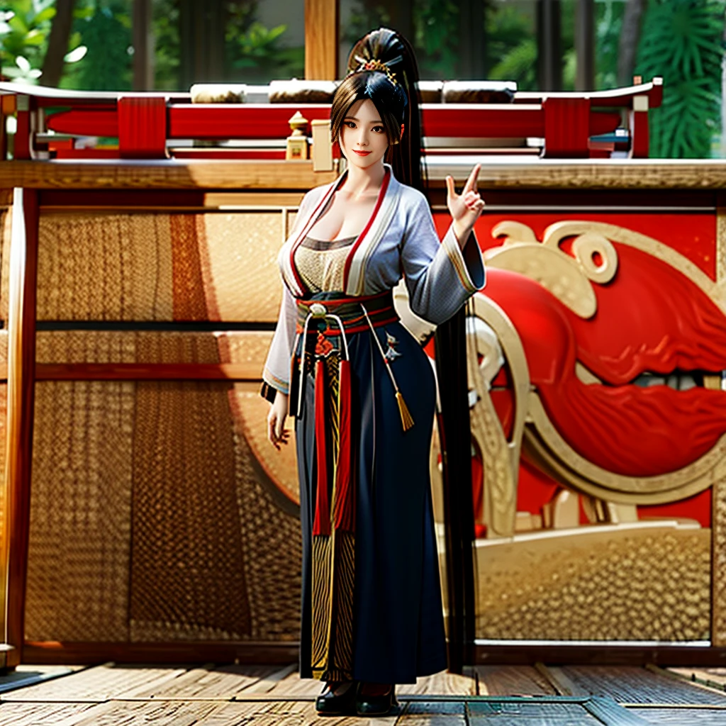 A 40-year-old beautiful ancient Chinese sky-colored Hanfu exposed her cleavage, standing with a smiling expression, long legs, black hair, plump 8K big breasts in ancient China