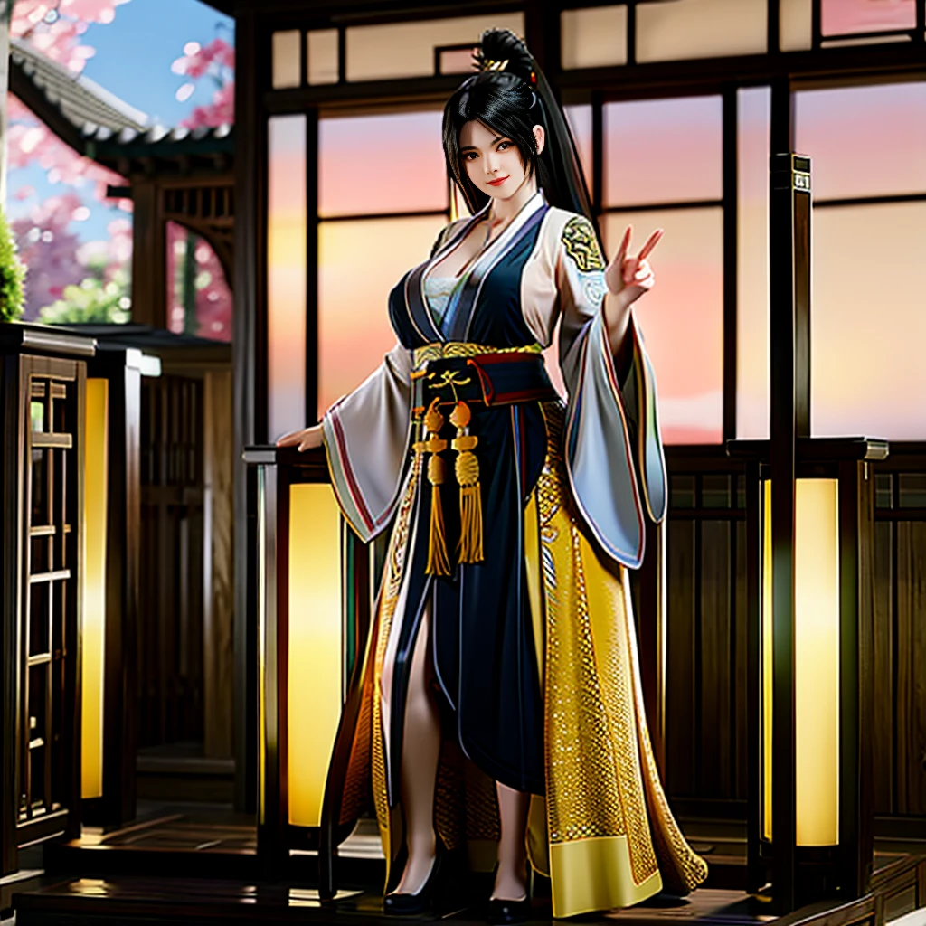 A 40-year-old beautiful ancient Chinese sky-colored Hanfu exposed her cleavage, standing with a smiling expression, long legs, black hair, plump 8K big breasts in ancient China
