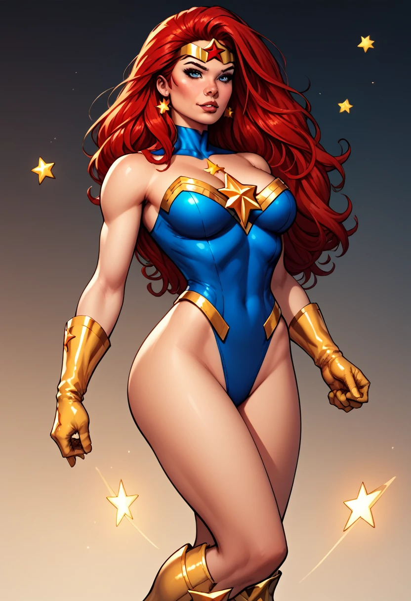 score_9, score_8_up, score_7_up, score_6_up, score_5_up, score_4_up, Sexy, Superheroine, Red hair, long hair, busty, ((blue highleg leotard with a t-back thong and a gold star insignia on chest)), gold boots, gold gloves