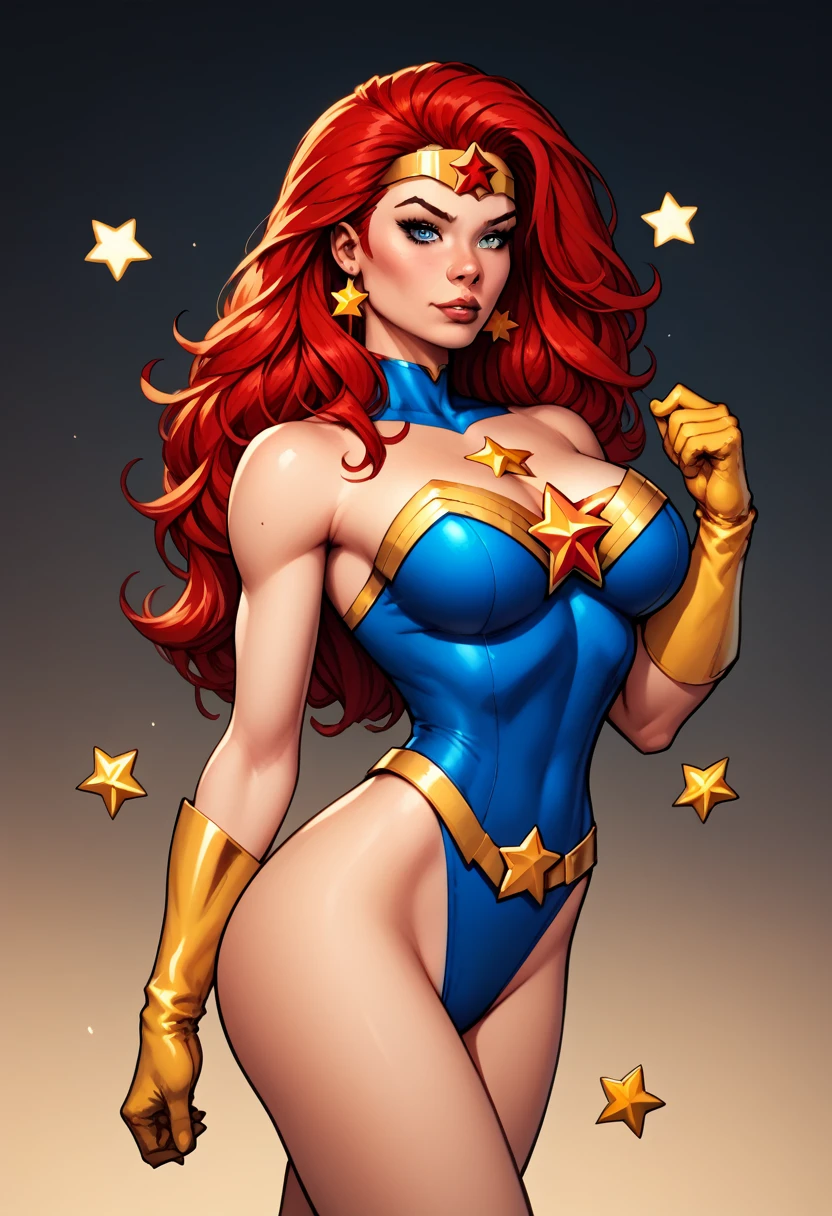 score_9, score_8_up, score_7_up, score_6_up, score_5_up, score_4_up, Sexy, Superheroine, Red hair, long hair, busty, ((blue highleg leotard with a t-back thong and a gold star insignia on chest)), gold boots, gold gloves